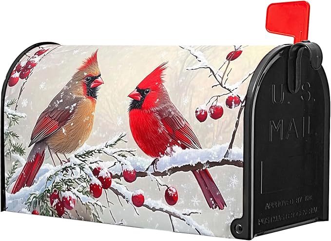 Kawani Winter Mailbox Cover Christmas Birds Holly Berry Branches Snow Mailbox Covers Magnetic Standard Size 25.5x21 Inch Winter Xmas Holiday Post Letter Box Cover for Garden Yard Decor