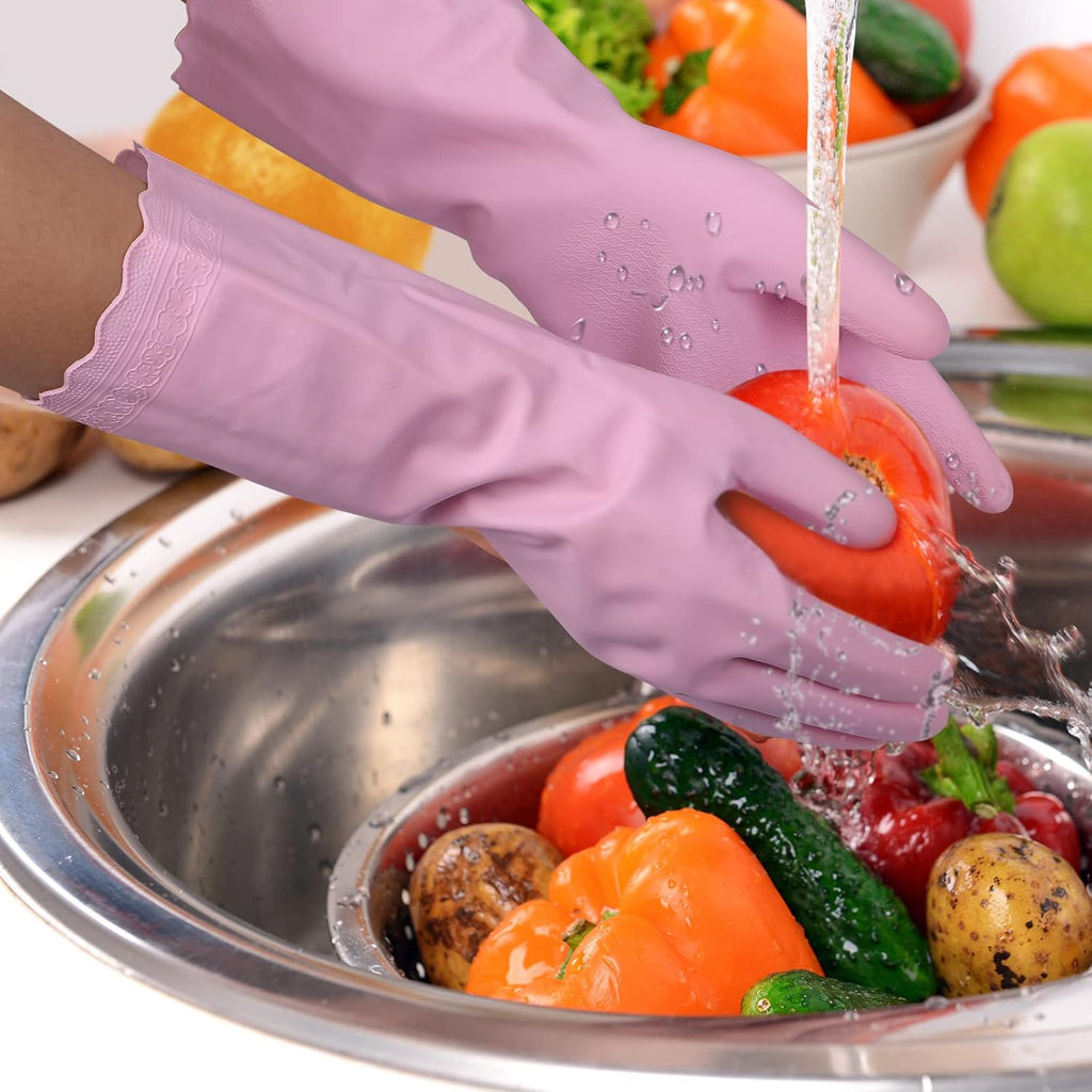 Bamllum Rubber Cleaning Gloves - 2 Pairs Latex Free Kitchen Cleaning Gloves with Cotton Liner- Household Dishwashing Gloves, Non- Slip Waterproof (Small, Blue+Pink)