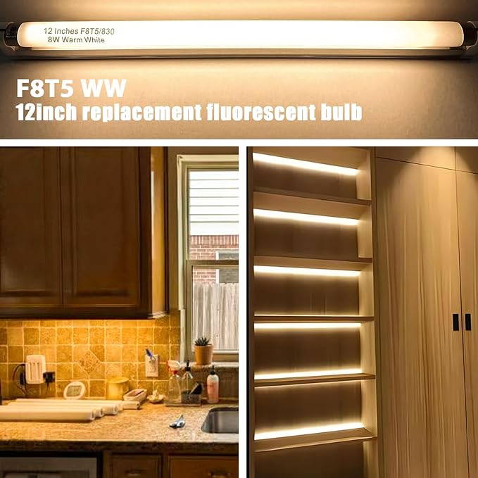 8 Pack F8T5/WW Fluorescent Bulbs Warm White, 12 inch Under Cabinet Light Bulb, T5 8 Watt Fluorescent Tube Soft White, G5 Mini Bi 460 Lumens No Dimmable