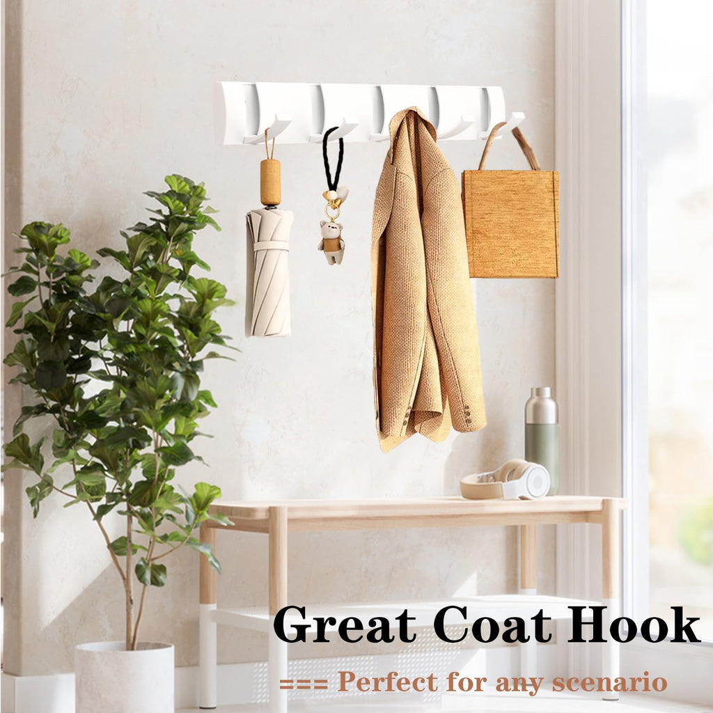 Folding Coat Hooks, Wall Mounted Coat Rack with 5 Retractable Hooks, Heavy Duty Towel Rack for Bathroom Wall Hook for Hanging Clothes Bathrobe, Stainless Steel Coat Hanger for Entryway(White)