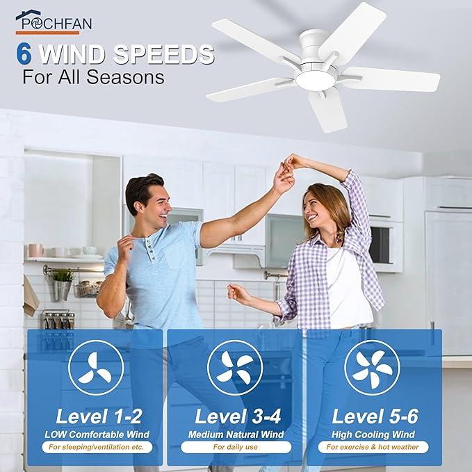 42 Inch White Ceiling Fans with Lights and Remote, Flush Mount Low Profile Ceiling Fan for Bedroom, Living Room, Patio, Dimmable 6 Speeds Noiseless Reversible, ETL Listed
