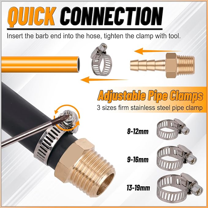KOOTANS 32PCS Brass Hose Barb Fittings Barb to NPT Male Thread Adapter Kit 3/16" 1/4" 5/16" 3/8" 1/2" Barbed Air Hose Fittings with 46pcs Pipe Clamps for Water Fuel Air Line Connector Fitting