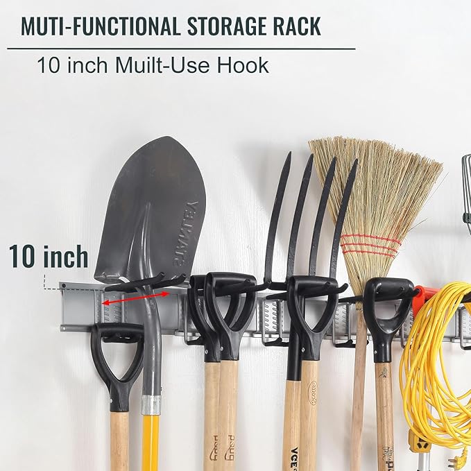 Wall Mount Tool Storage Rack, Garage Organization, Heavy Duty Garage Storage Tool Organizer, Garden Tool Wall Hooks and Hangers, Hold Up to 350lbs Grey