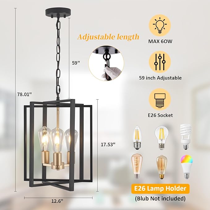 Black Gold Chandelier for Dining Room, Modern Farmhouse 3 Light Entryway Pendant Light Fixture Adjustable Geometric Industrial Rustic Foyer Light for Living Room Kitchen Island Hallway Bedroom