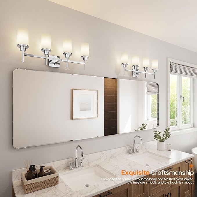 4-Light Vanity Lighting Fixtures with White Frosted Glass Shade, Polished Chrome Bathroom Wall Lamps Over Mirror for Bath Restroom Kitchen T001CH-L4