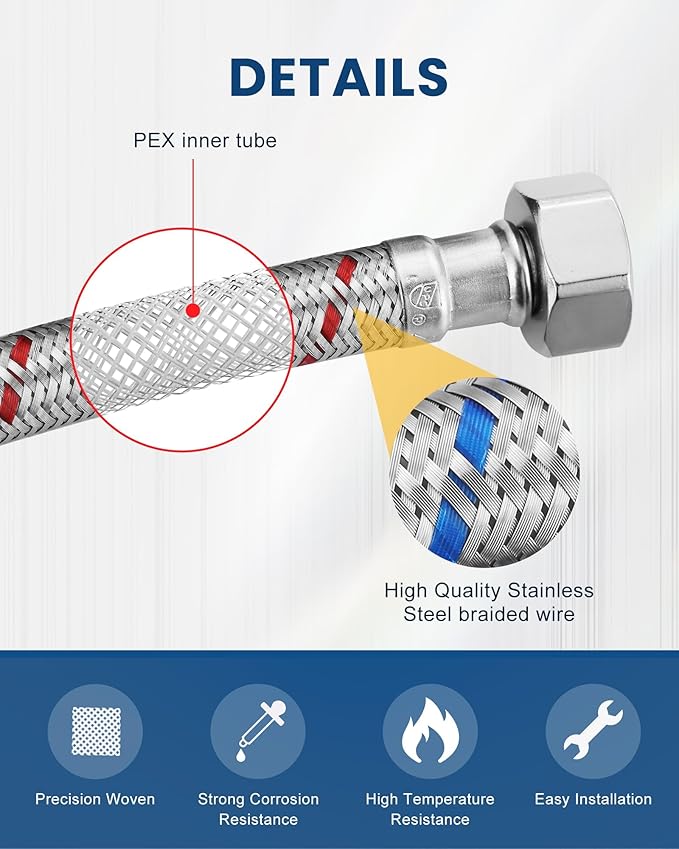 ALEASHA 20'' Length Faucet Supply Line, Stainless Steel Braided cUPC Sink Hose with G1/2" FIP x 3/8" Compression Supply Hose for Sink Faucet Bathroom Kitchen Faucet Connector Water Supply Line 2 PCS