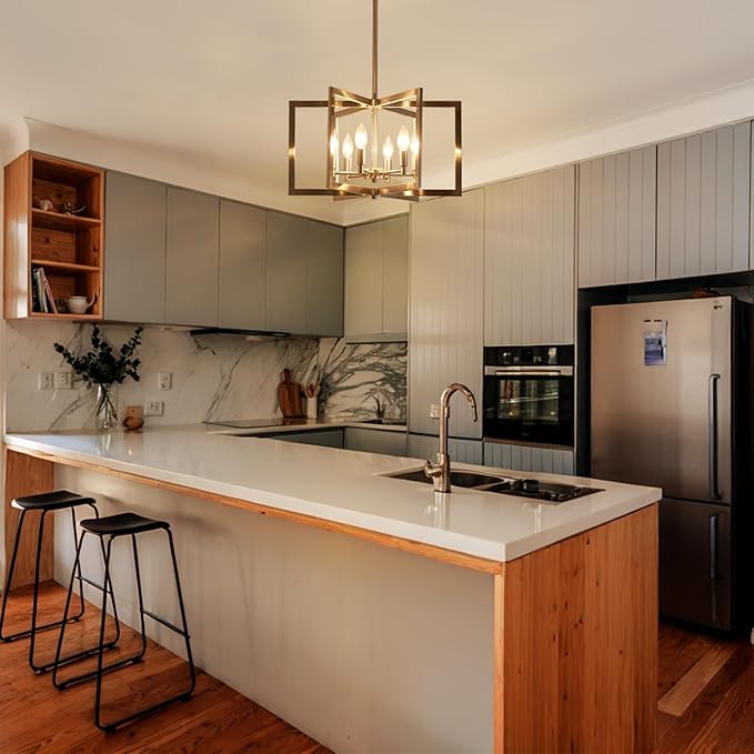 Brushed Nickel Chandelier 6-Light, Dining Room Light Fixture Geometric Metal Modern Chandelier Lighting for Kitchen Island Living Room Entryway, 20 Inch Pendant Lighting Hanging Ceiling Lamp