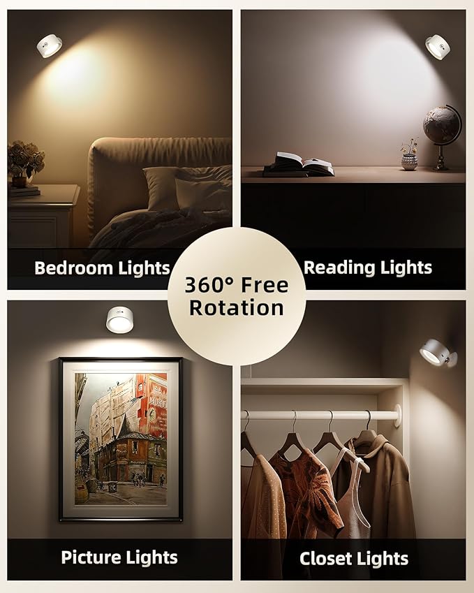 LED Wall Mounted Lights, Rechargeable Wall Sconces Lamp, 3 Color Temps & Remote and Touch, 360°Rotation Dimmable Cordless Wall Light for Study Bedroom Reading Bedside(White, 1 Pack)
