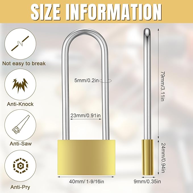12pcs Solid Brass Keyed Padlock, Small Yellow Gym Lock, Long Lock for Sheds Strong Padlock with Same Key for Luggage Toolbox (40mm 1-9/16")
