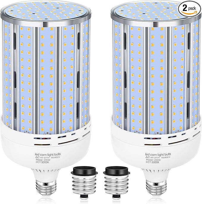 2 Pack 200W Corn LED Light Bulb Fanless,29,500LM 3000K/Warm White(2000 Watt Equivalent) E26/E39 Large Mogul Base LED Cob Lamp for Outdoor Indoor Garage Warehouse Factory Workshop Street Backyard
