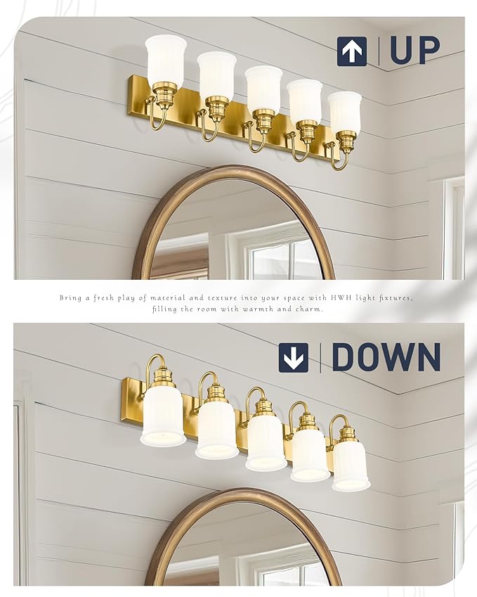 5-Light Bathroom Vanity Light, HWH Brushed Gold Bathroom Lighting Fixtures Modern Vanity Sconce Over Mirror 33'' with Frosted White Bell-Shaped Glass, 5HZG106B-5W BG