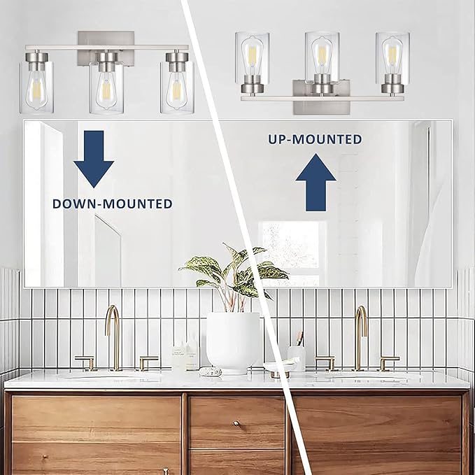 3-Light Bathroom Vanity Light, Modern Brushed Nickel Wall Lights with Clear Glass Shades, Bathroom Wall Sconce Lamp for Mirror Living Room Bedroom Hallway