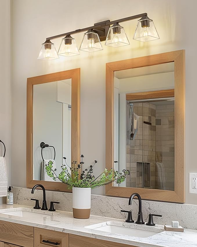 Bronze Bathroom Light Fixtures, HWH 5-Light Farmhouse Bathroom Lighting Fixture Over Mirror, Vanity Wall Sconce Oil-Rubbed Bronze with Square Glass Shade, 5HY68B-5W ORB