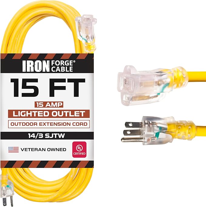 Iron Forge Cable Weatherproof 15 Ft Outdoor Extension Cord - 14/3 SJTW 15 Amp Heavy Duty Yellow Extension Cord 3 Prong - Lighted End
