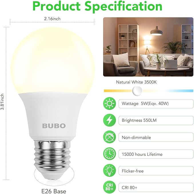 BUBO A19 LED Light Bulbs, 40 Watt Equivalent LED Bulbs, Natural White 3500K, 550 Lumens, E26 Standard Base, Non-Dimmable, 5W Natural White LED Bulbs for Bedroom Living Room Home Office, 24 Pack