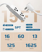 DEWENWILS 15FT Flat Plug Extension Cord, 3 Prong Ultra Thin Power Strip, 13A/125V/1625W, 16/3 Awg Grounded Flat Power Cable for Indoor Narrow Space, SPT-3 Cord, ETL Listed, White