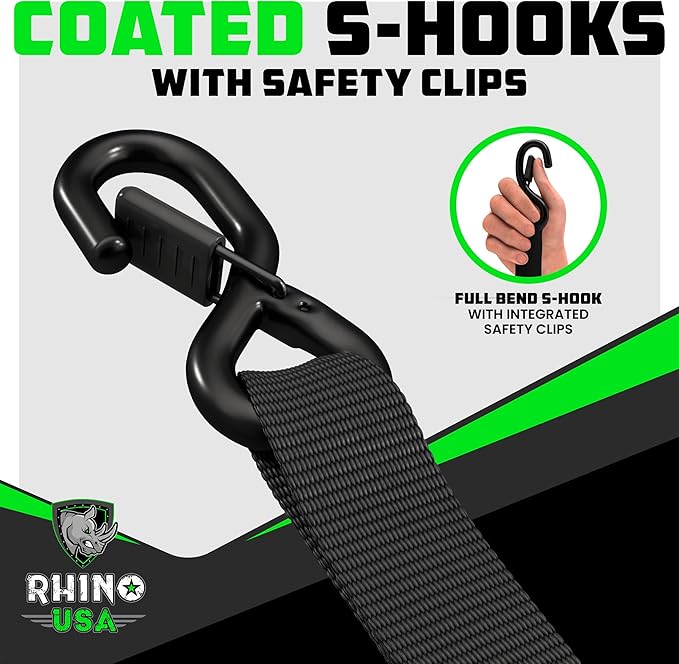 Rhino USA Ratchet Straps Heavy Duty Kit (2-Pack) - 1.6 Inch x 8 Feet (5,208lb Break Strength) - Ultimate Tie Down Straps with Safety S Hooks for Trucks, ATV, UTV, Motorcycle, Cargo & More - Black