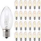 25 Pack C9 Incandescent Bulbs, C9 Replacement Clear Bulb for Christmas String Light, Indoor Outdoor Holiday Decor, E17 Intermediate Base, 7 Watt, Warm White
