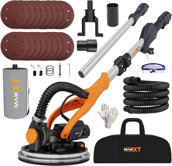 MAXXT Drywall Sander with Vacuum Dust Collection, 6 Variable Speed Foldable Telescopic Electric Wall Sander, Popcorn Ceiling Removal Tool, 1900RPM Power Sander Tool, LED Light, 18Pcs Sanding Discs