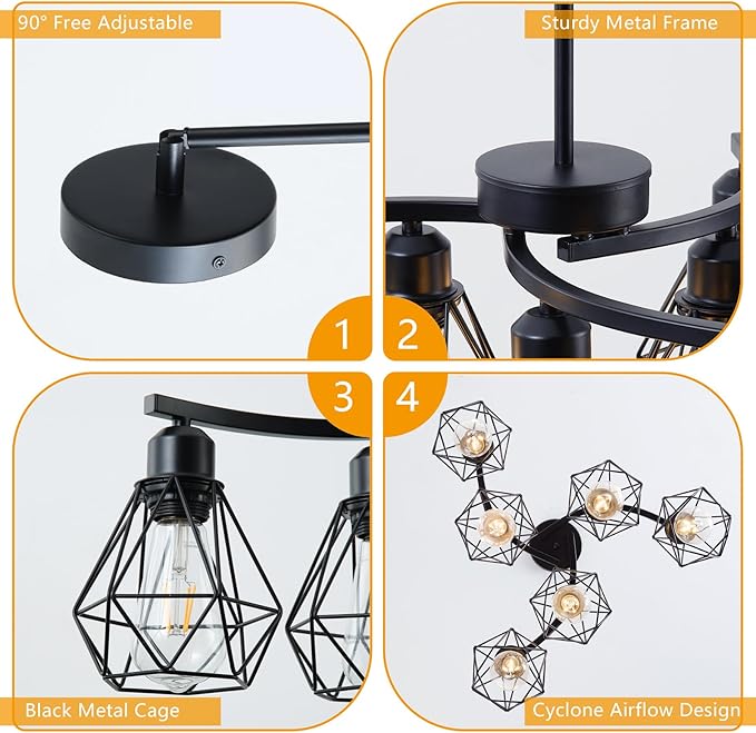 6-Light Black Chandelier,Farmhouse Chandelier for Dining Room Light Fixtures Over Table,21.7" Industrial Hanging Pendant Lighting with Metal Cage Shade for Kitchen Island Entryway Foyer Bedroom