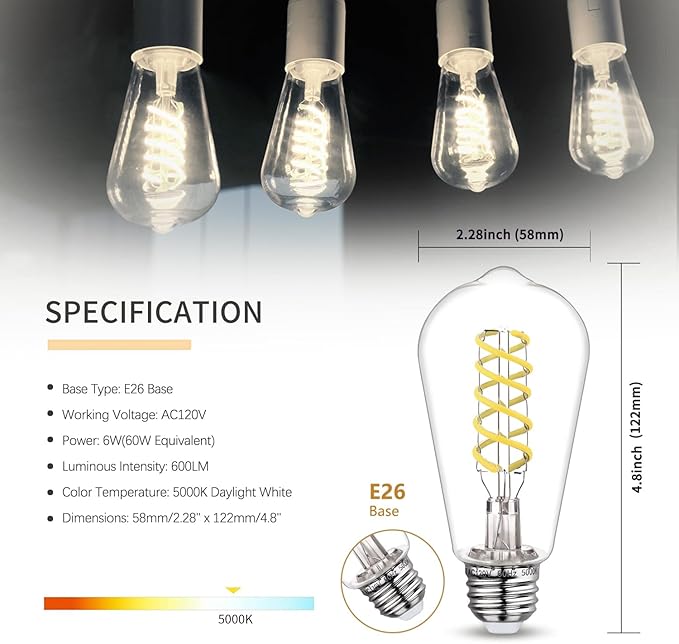 12 PCS ST58 (ST19) LED Edison Bulbs, Dimmable Vintage Antique LED Filament Light Bulbs, 6W Equivalent 60 Watt, Daylight 5000K, 600 Lumens, E26 Base, Clear Plastic