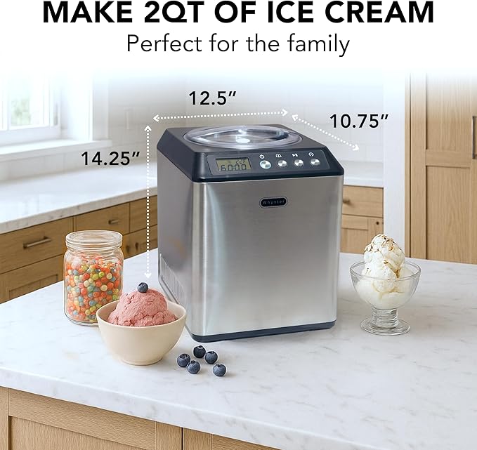 Whynter Ice Cream Maker Machine Automatic 2.1 Qt. Upright with Built-In Compressor, LCD Digital Display & Timer, No Pre-Freezing, ICM-201SB, Stainless Steel