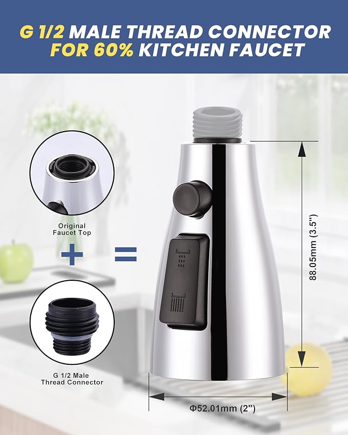Metal Kitchen Faucet Head Replacement: 3-Function Pull Down Spray Nozzle with 9 Adapters, Sink Sprayer Replacement Compatible with Moen, Delta, Kohler, American Standard Faucets, Chrome