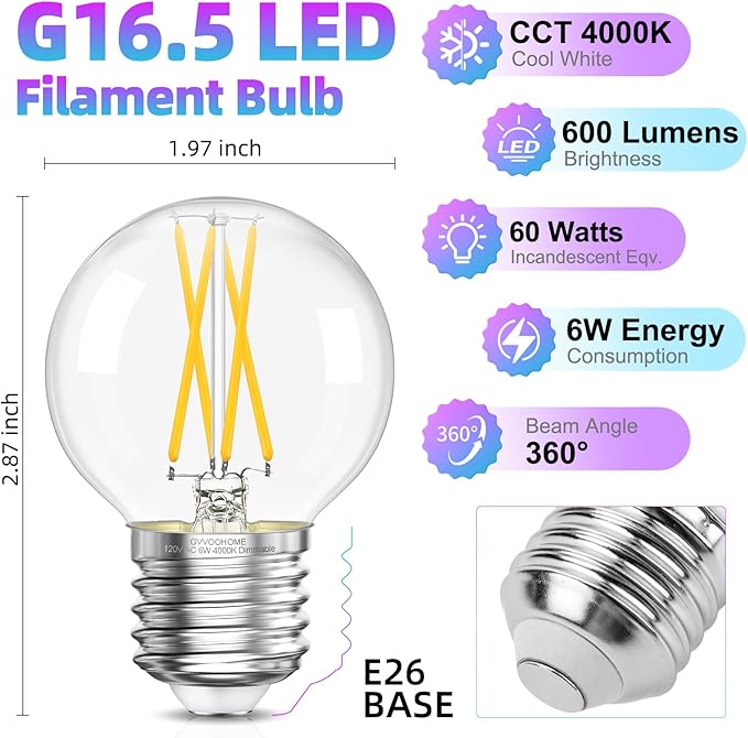 G16.5 LED Bulb Dimmable, 6W, 60 watt Equivalent, 4000K Neutral White E26 Globe Bulb, Round Edison Bulbs for Ceiling Fan, Pendant, Chandeliers, 90+CRI 600LM, 6 Pack