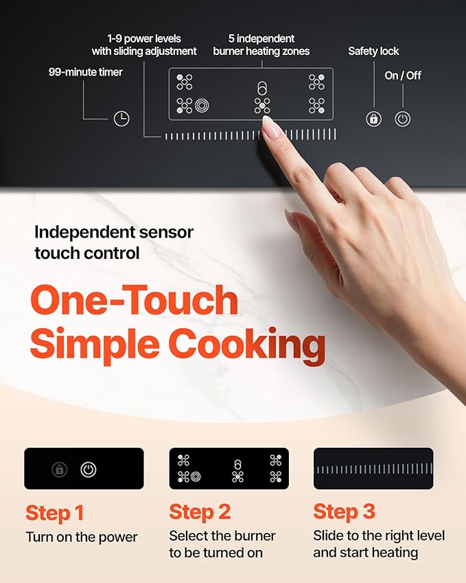 VEVOR Electric Cooktop, 36 inch 5 Burners Built-in Electric Stove Top, 8600W Ceramic Top Radiant Cooktop with Glass Panel, Touch Control, Timer, Child Lock, 9 Heat Level, 220-240V, Hard Wire (No Plug)