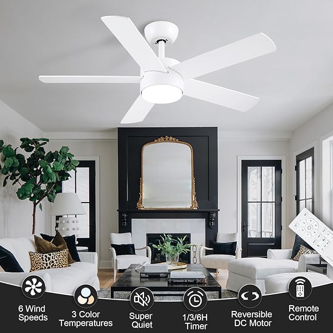 42 inch White Ceiling Fans with Lights and Remote, LED Dimmable 3 CCT Temperatures 6-Speed, Noiseless Modern Ceiling Fan for Bedroom, Living Room, Dining Room, ETL Listed