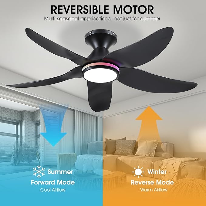 46" Ceiling Fans with Lights Remote/APP Control, Low Profile Ceiling Fans with Dimmable White Colors+Ring RGB Lights, 6 Speeds 5 Reversible Curved Blades for Kids Room Bedroom Living Room Bar, Black