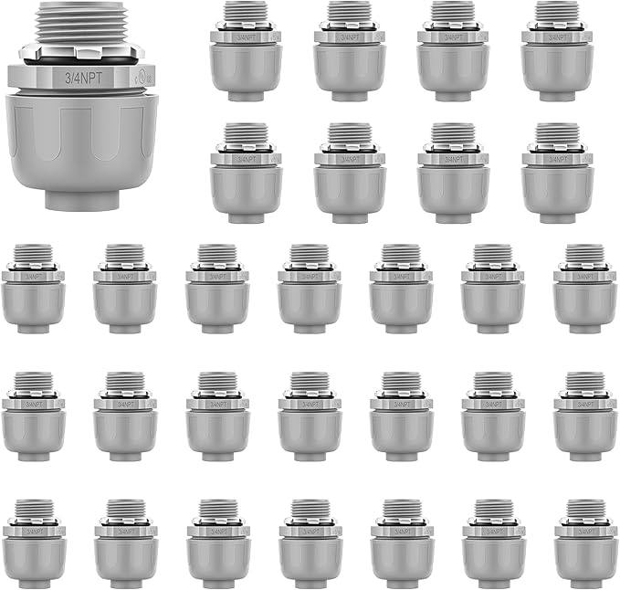 30 PCS 3/4" Liquid Tight Connector NPT Non-Metallic for PVC Electrical Flexible Conduit Fittings - Sturdy, Quick Installation, UL Listed for Home Outdoor Tubes Tools