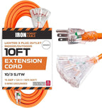 Iron Forge Cable 10 Gauge 10ft Lighted Outdoor Heavy Duty Extension Cord with 3 Outlets - 15 Amp 10/3 SJTW Orange Extension Cord with Multiple Outlets