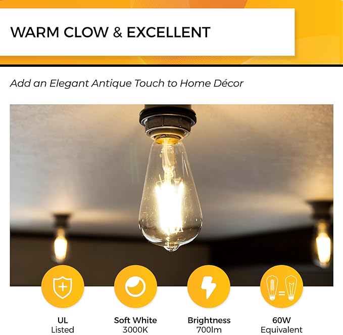 Hizashi Vintage LED Edison Bulb Dimmable, 6W Equivalent 60W, 3000k Soft White, E26 Base Led Light Bulbs, 700LM, UL Listed, High CRI 95+ Eye Protection, Clear Glass, Pack of 12