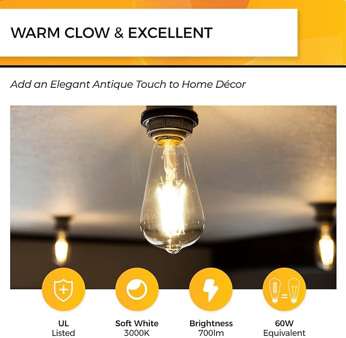 Hizashi LED Edison Bulbs, 6W, Equivalent 60W, Dimmable E26 LED Bulb, 3000K Soft White, 90+ CRI 700 Lumens, ST19 Vintage Light Bulbs, Clear Glass, Pack of 3