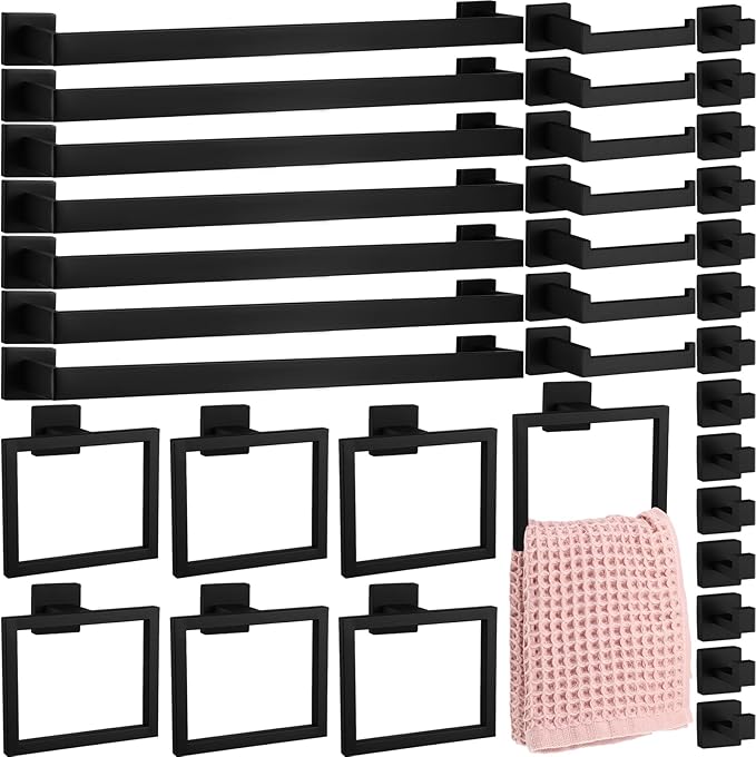 Gisafai 35 Pcs Bathroom Hardware Accessories Set 23.6 Inch Bath Towel Bar Kit Stainless Steel Bathroom Hardware Set Towel Racks Ring Hooks Paper Holder for Wall Mounted (Black)