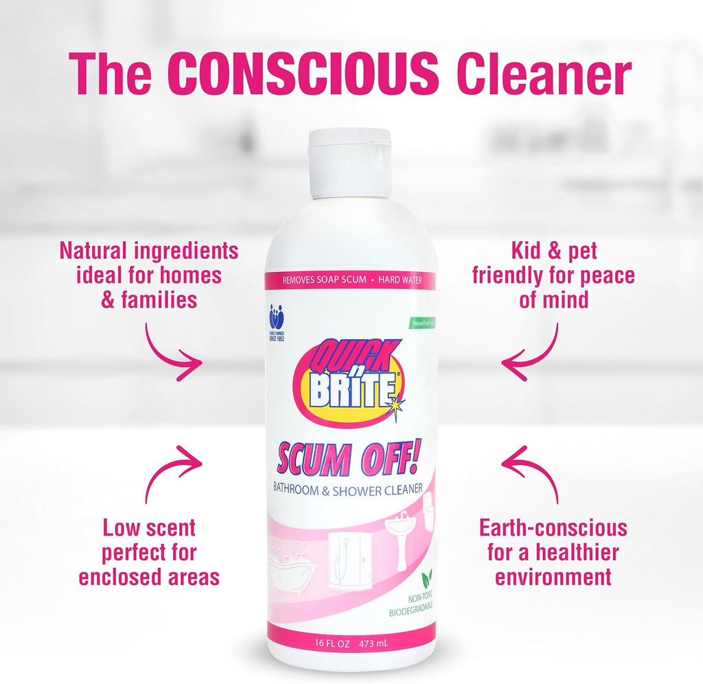 Quick ‘n Brite Scum Off Shower Cleaner - No Scrub, No Harsh Chemical Daily Shower Cleaner, Multi-Surface All-Purpose Cleaner 64 Oz (Packaging May Vary) Pack of 2