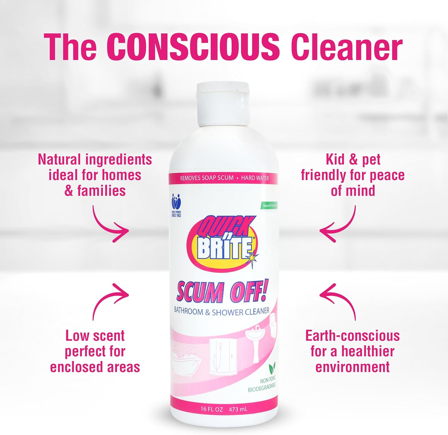 Quick ‘n Brite Scum Off Shower Cleaner - No Scrub, No Harsh Chemical Daily Shower Cleaner, Multi-Surface All-Purpose Cleaner 64 Oz (Packaging May Vary) Pack of 2