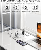 6 USB(3 USB C) Surge Protector Power Strip- Extension Cord 10 Ft with 24W USB Charging Station and 3 Outlets, Flat Plug Long Braided Extension Cord with Multiple Outlets for Home Office College Dorm