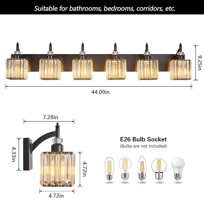 Crystal Vanity Lights - Black, 6 Light Bathroom Vanity Light with Crystal Fixture, Modern Style for Bathroom Mirror