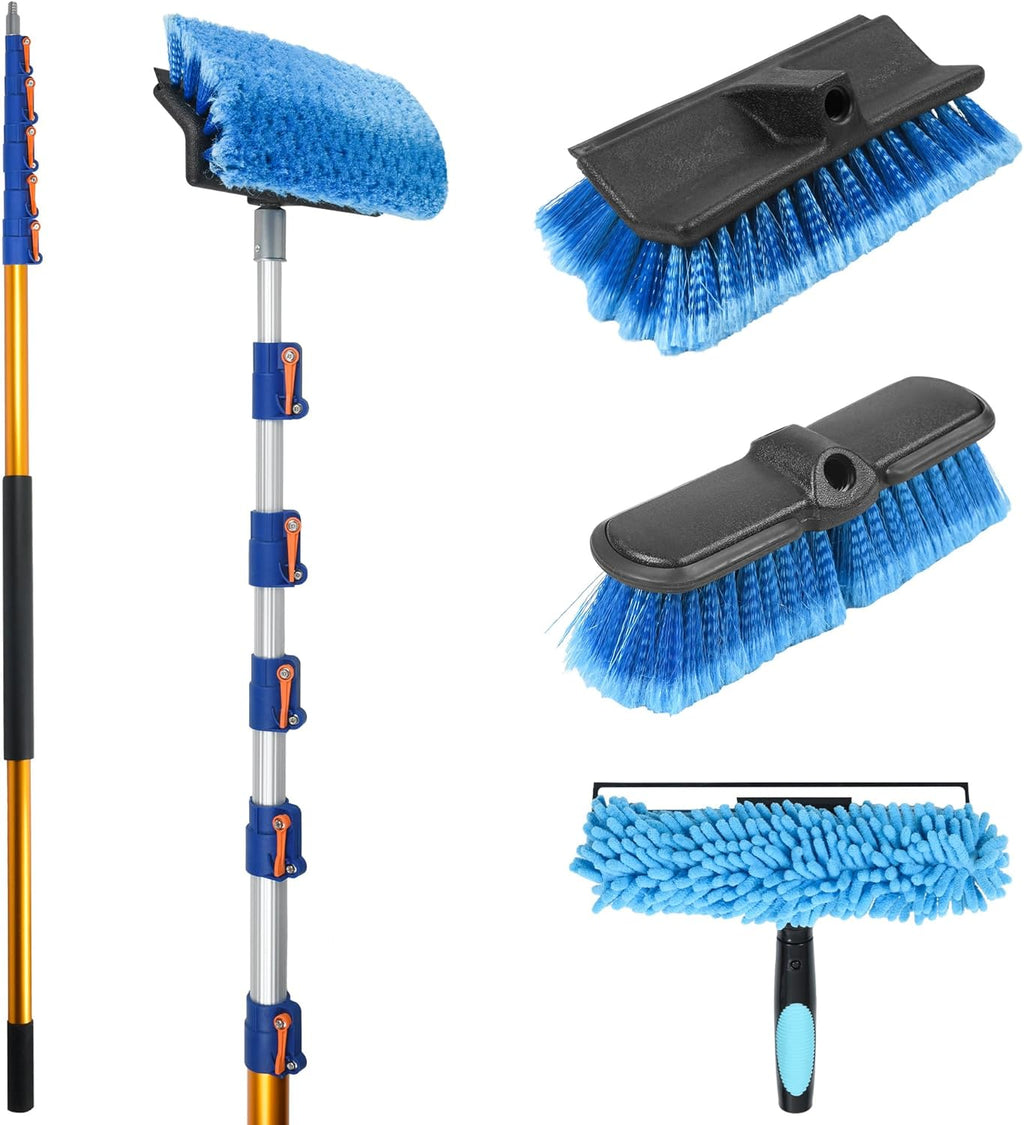 36 FT Exterior House Cleaning Brush Set with 7-30 Foot Telescoping Extension Pole, Soft Scrub Car Wash Brush, Medium Bristle Cleaning Brush and Window Squeegee & Washer