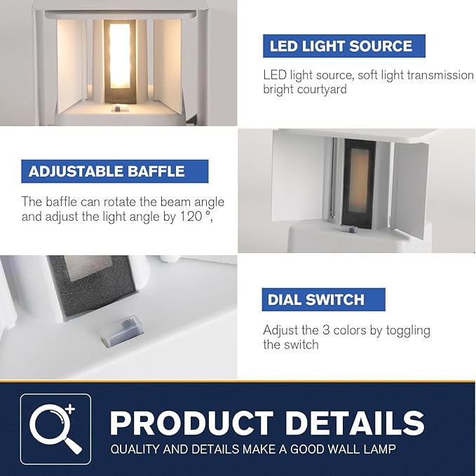 4 Pack LED 20W Outdoor Wall Lights Exterior/Interior 3 Colors Adjustable Wall Sconce Up and Down Light Porch Lights IP65 Waterproof Exterior Wall Sconce Modern Outdoor Lighting Square Aluminum White