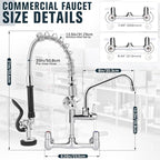 Commercial Faucet with Sprayer, 21 Inch Height Commercial Sink Faucet Wall Mount with 8" Adjustable Center and 8" Add-on Swing Spout & Pull Down Pre Rinse Sprayer
