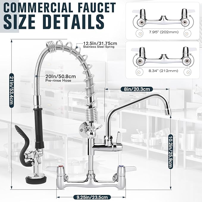 Commercial Faucet with Sprayer, 21 Inch Height Commercial Sink Faucet Wall Mount with 8" Adjustable Center and 8" Add-on Swing Spout & Pull Down Pre Rinse Sprayer