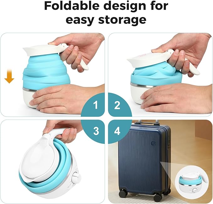 Travel Foldable Electric Kettle, 110V Collapsible Travel Kettle Electric Food Grade Silicone Portable Foldable Electric Kettles 850W Fast Boiling Water 700ml Kettle Electric Portable (Blue)