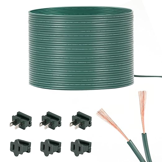 SPT-2 Wire 18 Gauge 100 Ft And 6 Vampire plugs,Is a Flexible Two Core Parallel Connection Cable for light Strings And low Voltage Equipment Suitable for Indoor And Outdoor Can Be Directly Buried Green