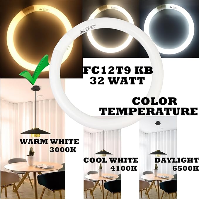 FC12T9/KB 32 Watt Light Bulb, 12 inch FCL 32W T9 Circular Fluorescent Light Bulb, FC12T9 WW Round Light Bulbs Warm White 3000K, G10q 4 Pin Prong Base, 2 Pack