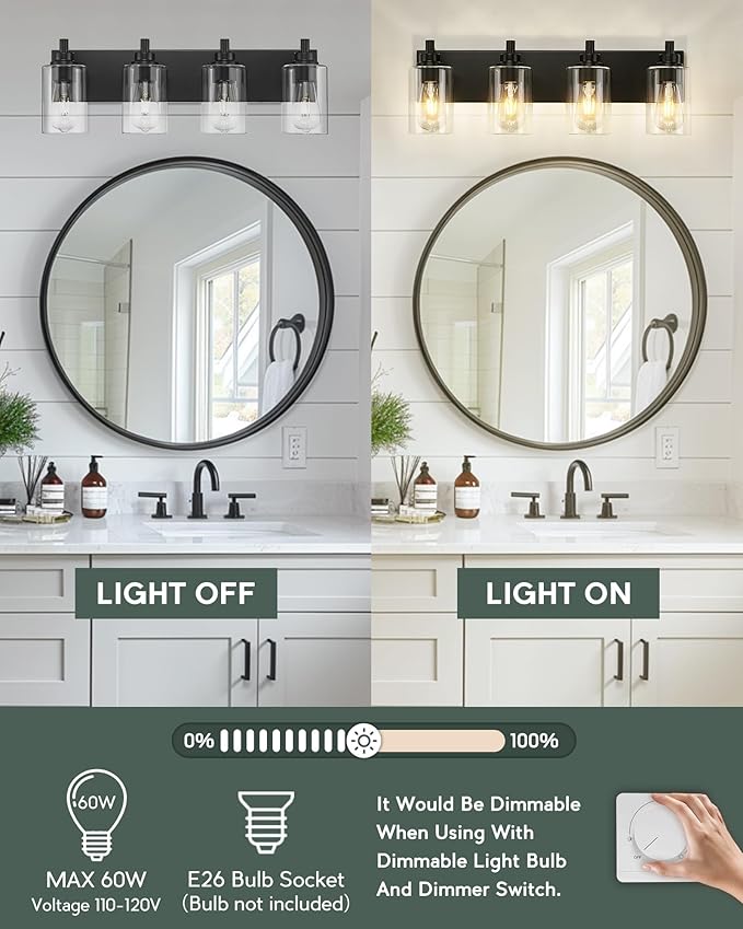 4-Light Bathroom Light Fixtures, Black Vanity Light with Cylinder Clear Glass Shade, Modern Vanity Lighting Fixtures Over Mirror, VL143-MB-4