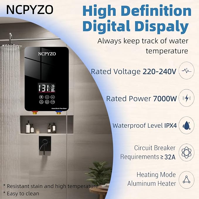 Tankless Water Heater Electric 240V-7000W. Instant Water Heater for Kitchen、Bathroom、Under Sink.On Demand Hot Water Heaters Electric with Digital Display.Continuous Flow Point of Use On Demand Heating