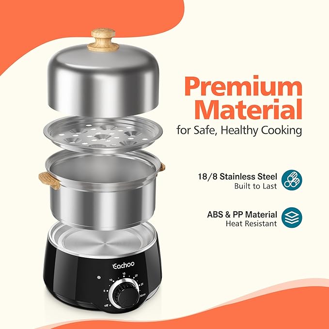 Hard Boiled Egg Cooker - CACHOO 14-Egg Rapid Stainless Steel Egg Boiler with 30-Min Timer & Auto Shut Off, Compact Electric Vegetable Steamer for Cooking, Dishwasher Safe, Black
